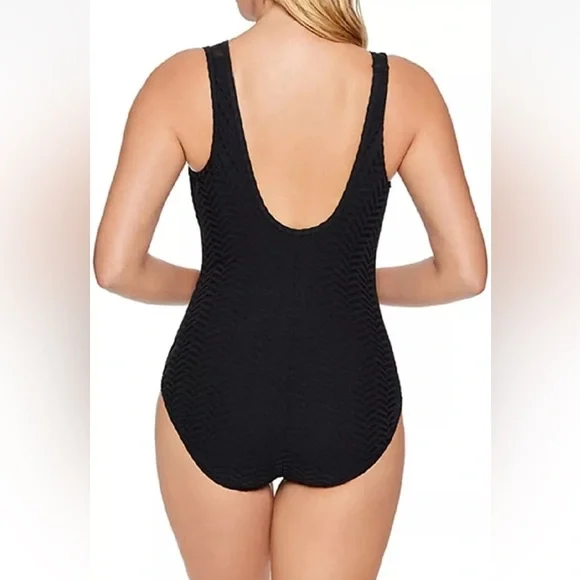 Longitude Half Moon Mesh Torso Tummy Control Swimsuit Size 10 Black NWT - Picture 2 of 7